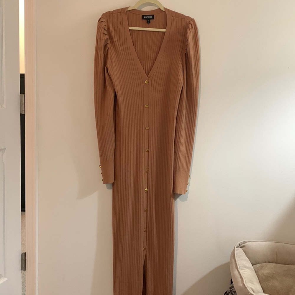 Express camel midi sweater dress with gold buttons size Large